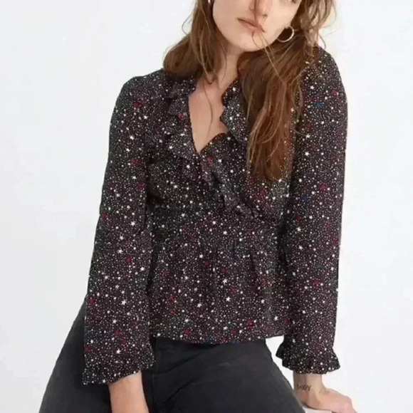 Madewell Silk Ruffle Hem Wrap Top in Starry Night - Black Multicolor - Size S - Picture 1 of 6